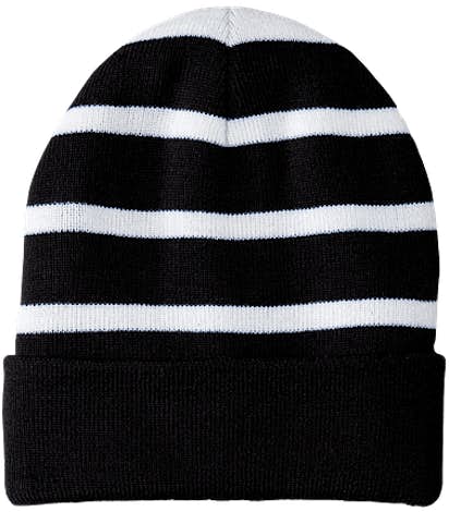 Sport-Tek Fleece Lined Striped Cuff Beanie - Black / White