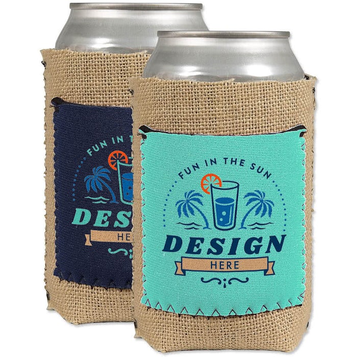 Burlap Can Cooler with Neoprene Pocket